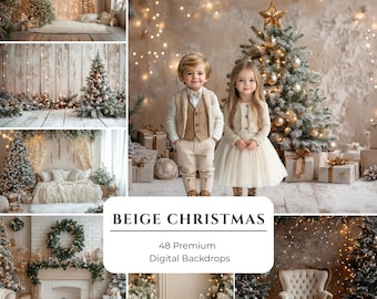 Puede incluir: Una colección de 48 fondos digitales titulada BEIGE CHRISTMAS, que presenta varias escenas con árboles de Navidad nevados, luces cálidas, regalos envueltos, una chimenea con corona y un sillón capitoné en tonos beige neutros.
