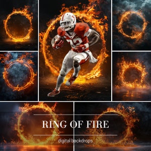 Pode incluir: Uma colagem de fundos digitais com um jogador de futebol americano correndo por um anel de fogo. O jogador usa um uniforme vermelho e branco. Imagens adicionais mostram anéis de fogo. Texto: "RING OF FIRE" e "digital backdrops."