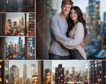 Pode incluir: Uma imagem composta com um casal se abraçando em frente a um fundo de paisagem urbana desfocada. A imagem inclui várias vistas da cidade, com o texto "CITY VIEW BLURRED DIGITAL BACKDROPS" na parte inferior.