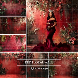 Red Floral Wall Digital Backdrop: Maternity Photography (JPG)