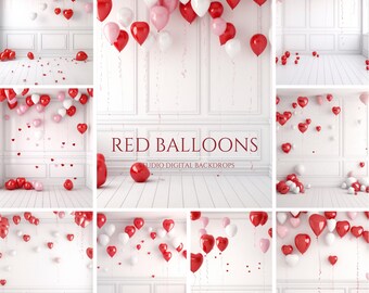 Valentine Red Balloons Backdrop, White Room Backdrops for Composite Photography, Maternity Backdrop, Studio Backdrop Overlays