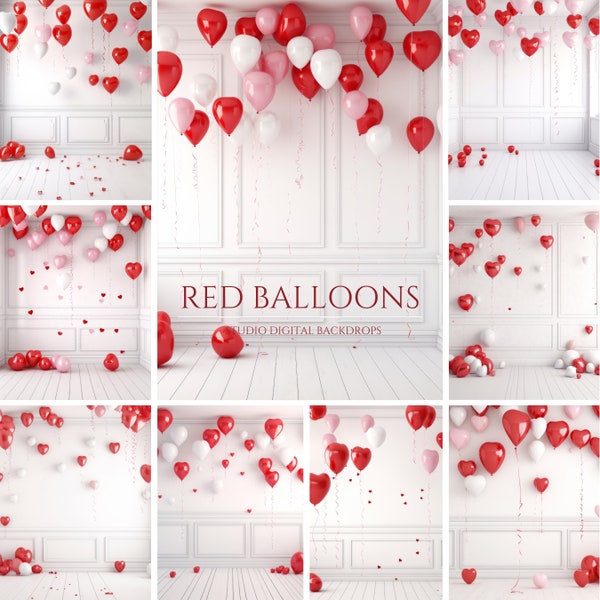 Telón de fondo de globos rojos de San Valentín, telones de fondo de habitaciones blancas para fotografía compuesta, telón de fondo de maternidad, superposiciones de telón de fondo de estudio