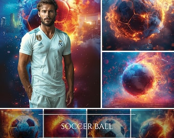 May include: A collage of digital backgrounds featuring a soccer ball engulfed in flames. The backgrounds are in shades of red, orange, blue, and black. The text "SOCCER BALL digital backdrops" is at the bottom of the image.