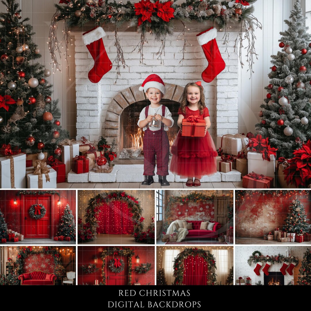 Red Holiday Christmas Digital Backdrops, Christmastime Digital ...