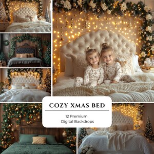 Fondos de estudio con camas navideñas acogedoras para fotografía compuesta, luces de hadas, fondos festivos, superposiciones de Photoshop, edición de fotos