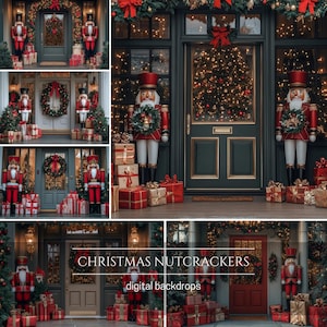 May include: A Christmas-themed digital backdrop featuring a house with a red door, decorated with wreaths, lights, and nutcracker figurines. The backdrop is perfect for creating festive photos.