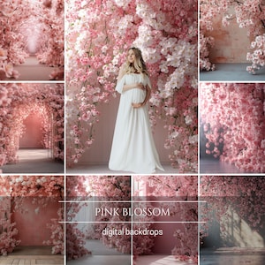 Sfondo fotografico floreale con fiori rosa: sovrapposizione maternità in studio (download digitale)