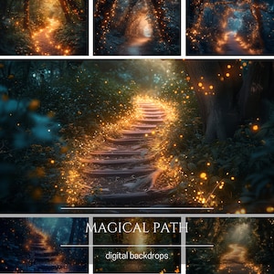 May include: A magical path lined with glowing lights leads through a dark forest. The path is made of stone steps and is surrounded by lush greenery. The lights are a warm yellow color and create a whimsical atmosphere.