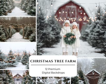 Puede incluir: Una colección de 12 fondos digitales que muestran una granja de árboles de Navidad con abetos cubiertos de nieve, graneros rústicos rojos y marrones, luces de cadena y un camino. Se muestra el texto CHRISTMAS TREE FARM 12 Premium Digital Backdrops.