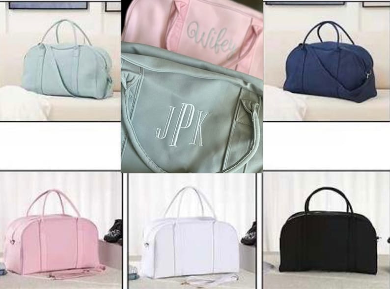 May include: Six different colour duffel bags with personalised embroidery. The bags are in pink, light blue, grey, white, and black. The embroidery on the bags reads "Wife", "JPK", and other initials.