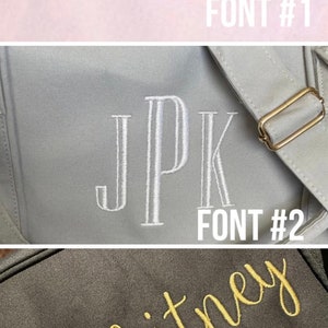 May include: Three examples of embroidery fonts. The first font is a simple block font with the letters "ED" in gold thread on a light pink background. The second font is a more decorative font with the letters "JPK" in white thread on a light grey background. The third font is a cursive font with the word "Whitney" in gold thread on a dark grey background.