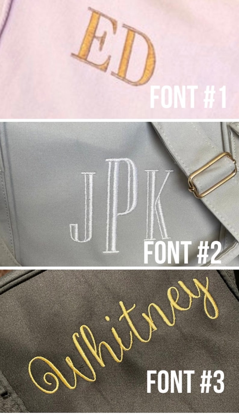 May include: Three examples of embroidery fonts. The first font is a simple block font with the letters "ED" in gold thread on a light pink background. The second font is a more decorative font with the letters "JPK" in white thread on a light grey background. The third font is a cursive font with the word "Whitney" in gold thread on a dark grey background.