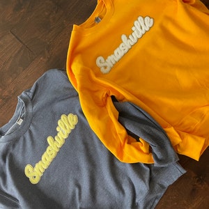 Smashville Chenille Sweatshirt-Nashvegas Crewneck-Women&#39;s Nashville Shirt-Predators Chenille Patch- Tennessee Nash Preds Hockey NHL