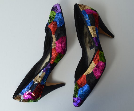 J. Renne Vintage Sequin Rainbow Kitten Heel Shoes Size 9 | Etsy