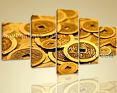 Large Canvas Wall Art Feng Shui Ancient Coin Painting Abstract Print On Contemporary Dining Room Buddha Gold