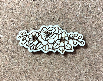 Floral accent wood pin, Pin badge, Eco friendly wood enamel pin, laser etched wood pin, pin back button