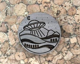UFO wood pin, Pin badge, Eco friendly wood enamel pin, laser etched wood pin, pin back button, alien pin