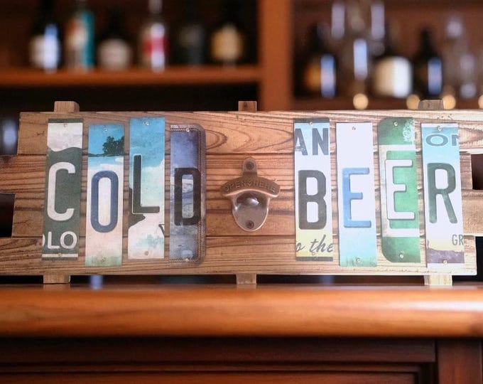 Cold Beer with bottle opener Cut License Plate Strip Sign