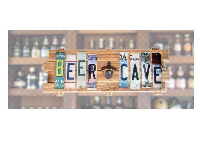 Beer Cave with bottle opener Cut License Plate Strip Sign