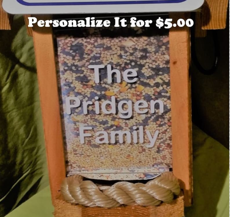 May include: A wooden bird feeder with a clear front panel filled with birdseed. The text "The Pridgen Family" is displayed on the panel. The feeder has a rope detail at the bottom and is framed with orange and natural wood.