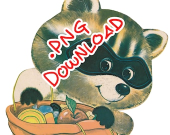 Vintage 1970s Halloween trick-or-treat raccoon window hanger .PNG DOWNLOADABLE FILE