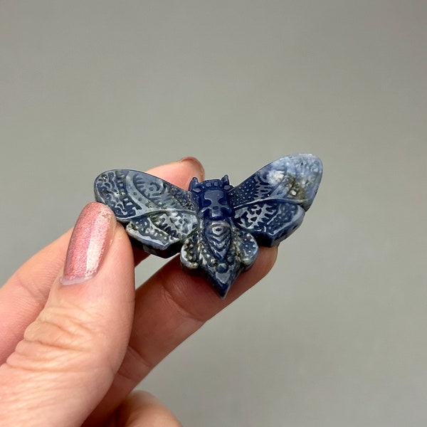 Blue Sodalite Death Head Moth Carving Sodalite Intuition Third Eye Metaphysical Moth Carving Change Transformation Animal Spirit Guide Mot