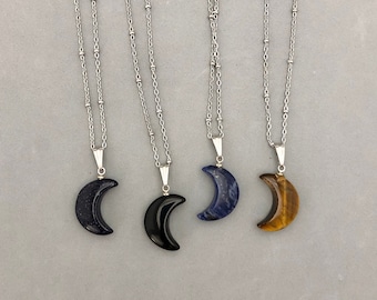 Crescent Moon Pendant Necklace Stainless Steel Chain Moon Crystal Black Onyx Blue Sandstone Tiger's Eye Sodalite Lunar Witch Jewelry Cute
