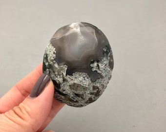 Moss Agate Crystal Palm Stone (2 1/4") for New Beginnings, Growth and Connecting to Mother Earth, Crystal Grids, Mediation, Crystal Magic