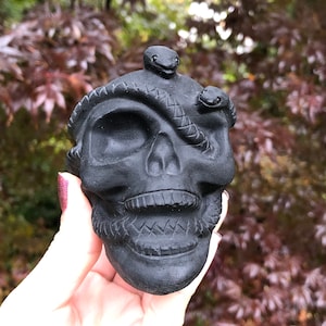 Black Obsidian Crystal Skull With Snake Carving for Halloween, Spooky Season, Shadow Work, Altars, Connecting to Ancestors, Transformation
