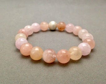 Genuine Morganite (Peach-Pink Beryl) Stretch Bead Bracelet for Divine and Unconditional Love, Peace, Joy, Healing Emotional Wounds and Fear