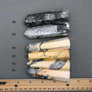 K&ouml;nnte beinhalten: Sechs polierte, spitze, nat&uuml;rliche Stein Zauberst&auml;be, nummeriert von 1 bis 6, vertikal auf einer grauen Oberfl&auml;che angeordnet. Die Zauberst&auml;be sind in verschiedenen Beige-, Wei&szlig;- und Graut&ouml;nen mit schwarzen und braunen Markierungen. Ein Holzlineal befindet sich am unteren Rand des Bildes.