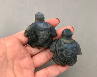 May include: Two small, carved turtle figurines made of dark blue labradorite gemstone. The turtles are facing the same direction and have a detailed, textured shell.