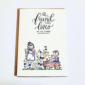 10 - Scripture blank note cards.  Blank inside cards. Proverbs 17:17 " A friend loves at all times." Ivory, brown envelopes 4x5.5 size