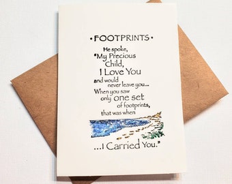 10 ~ Foot prints in the sand ,ivory blank note cards and brown kraft envelopes . Cards are 4x5.5 inches, hand painted accents.