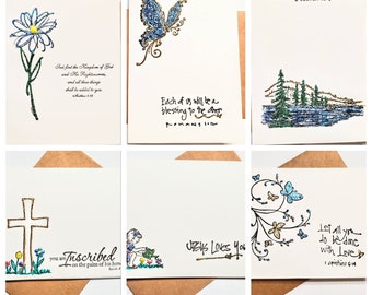 10~ Scripture hand painted accents blank note cards. Cards are ivory with brown Kraft envelopes. 4x5.5 inches.10 different Bible scriptures.