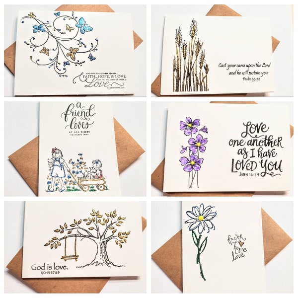 10~ Scripture hand painted accents blank note cards. Cards are ivory with brown Kraft envelopes. 4x5.5 inches.10 different Bible scriptures.