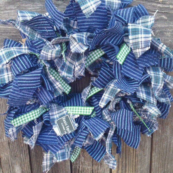 Mini Rag Wreath - Blue Rag Wreath - Flannel Rag Wreath - Simple Country Wreath - Rag Candle Ring - Cabinet Decor