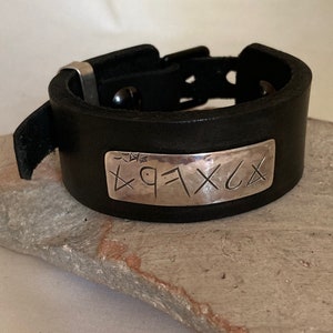 Fear Not//Sterling plate on black leather armband//handmade//buckle with adjustable strap// chased ancient Paleo Hebrew letters//Scriptural