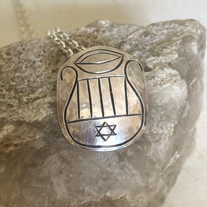 Harp and Bowl/handmade sterling pendant/finely chased design/David&#39;s harp/textured hammering/Scriptural meaning/faith, hope,love/gift
