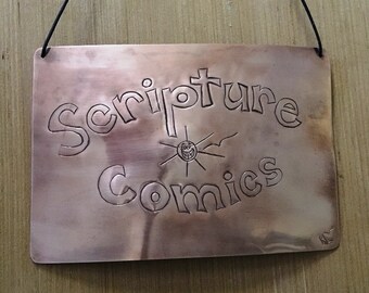 SCRIPTURE COMICS SIGN//handmade copper sign, hand chased letters//introducing: www.etsy.com/shop/ScriptureComics//kid style drawings/go look