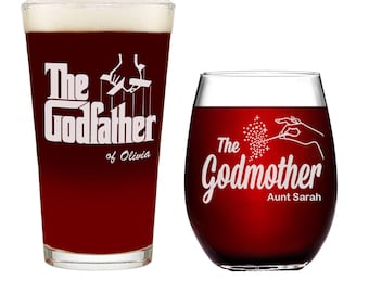 Personalized Godfather Godmother Etched Wine & Pint Glass Set