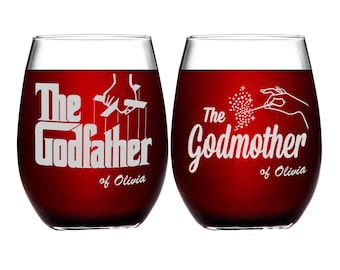 Personalized Godfather Godmother Wine Glass Set, Sandblasted Barware Gift
