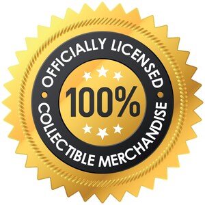 May include: A gold starburst-shaped seal with a black circle in the center. The circle says "Officially Licensed 100% Collectible Merchandise".
