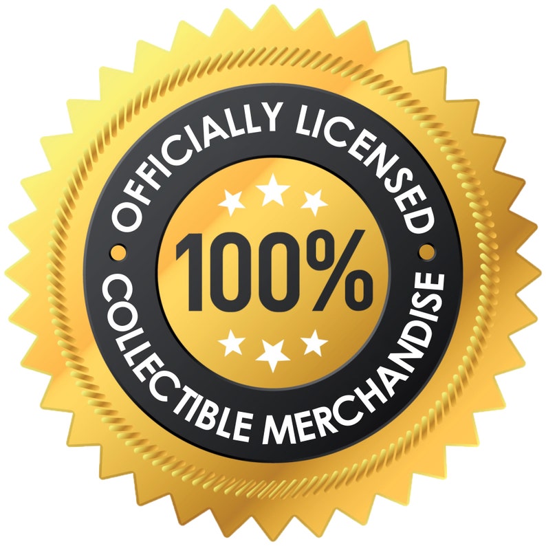 May include: A gold starburst-shaped seal with a black circle in the center. The circle says "Officially Licensed 100% Collectible Merchandise".