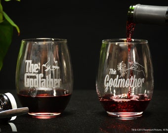 The Godfather Movie Premium Etched Godparent Proposal Gift Stemless Wine Glass Gift Set For Godfather And Godmother –  15 Ounces Each