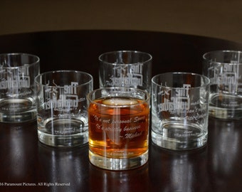 Set of Six Whiskey Glasses Unique Godfather Quotes Premium Etched The Godfather Movie Logo With Six Favorite Godfather Movie Quotes