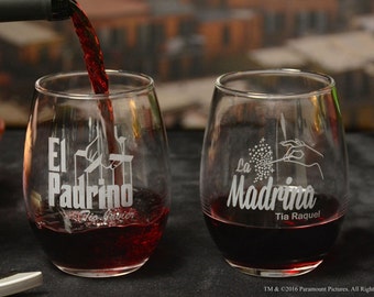 The Godfather Movie Logo El Padrino and La Madrina Stemless Wine Glass Set Unique Will You Be My Godparents Gift