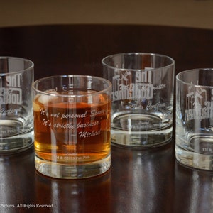 The Godfather Movie Set of Four Whiskey Glasses With Unique Godfather Quotes Premium Etched The Godfather Movie Logo 4 Unique quotes image 1