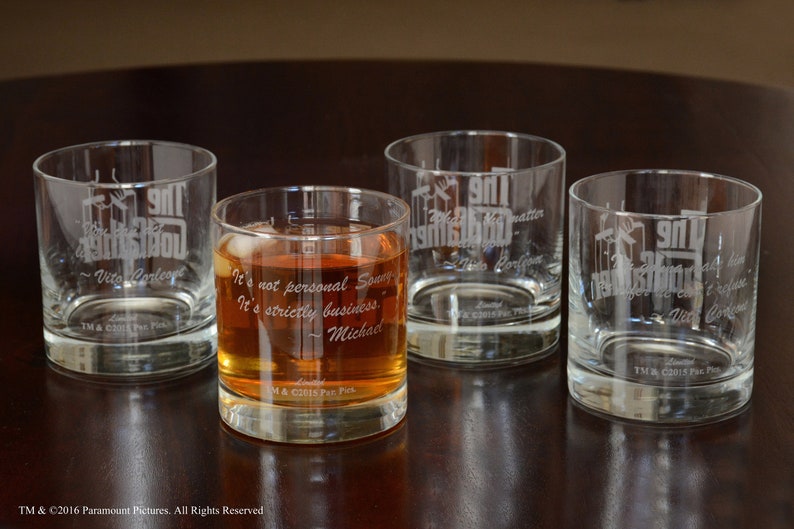 The Godfather Movie Set of Four Whiskey Glasses With Unique Godfather Quotes Premium Etched The Godfather Movie Logo 4 Unique quotes image 1