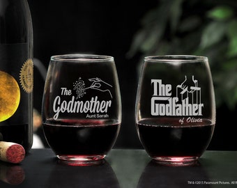 The Godfather Movie Stemless Wine Glasses Personalized Will You Be My Godparents Gift, Godfather and Godmother Barware Gift Set